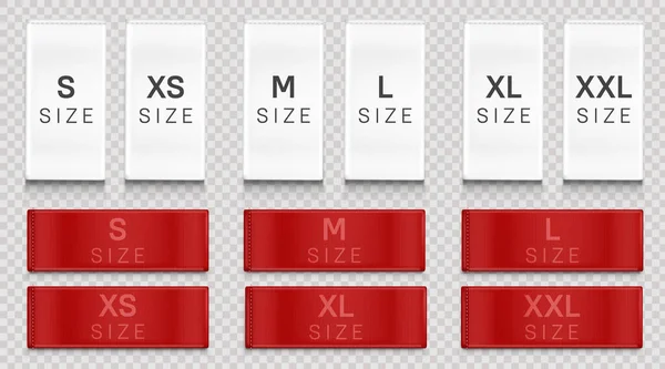 Étiquettes en tissu rouge avec taille pour vêtements, étiquettes de marque — Image vectorielle
