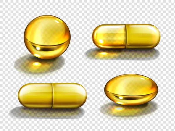 Cápsulas de aceite de oro, vitaminas redondas y ovaladas — Vector de stock