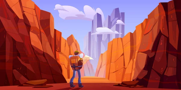 Caminhante homem com mapa na estrada do deserto em canyon — Vetor de Stock