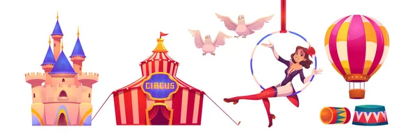 Coisas de circo e artista grande tenda superior, ginasta ar —  Vetores de Stock
