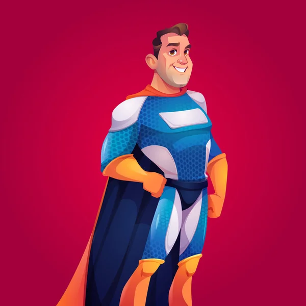 Supereroe in costume blu con mantello — Vettoriale Stock
