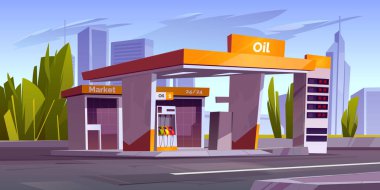 Şehirde petrol pompası ve pazarı olan bir benzin istasyonu.
