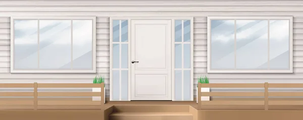 Hus fasad med vit dörr, fönster, sidovägg — Stock vektor