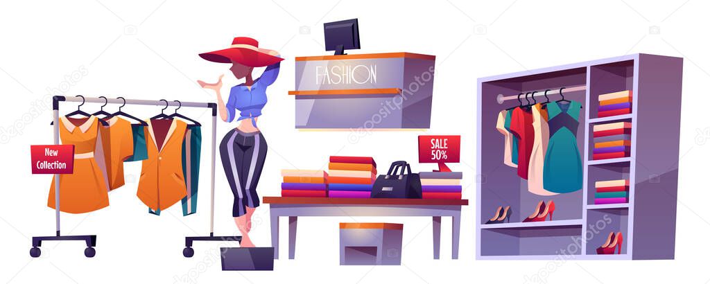 Fashion store, cloth shop interior isolated stuff