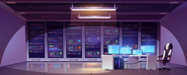 Datacenterrum med serverställ och dator — Stock vektor