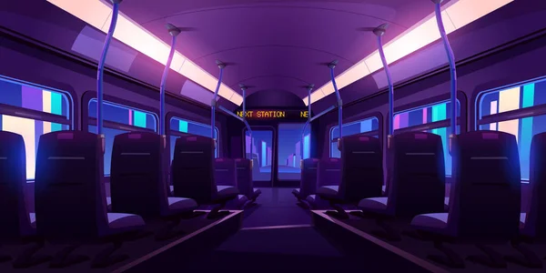 Puste wnętrze autobusu lub pociągu z krzesłami w nocy — Wektor stockowy