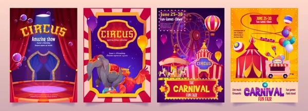 Circus show banners, grote top tent carnaval flyers — Stockvector