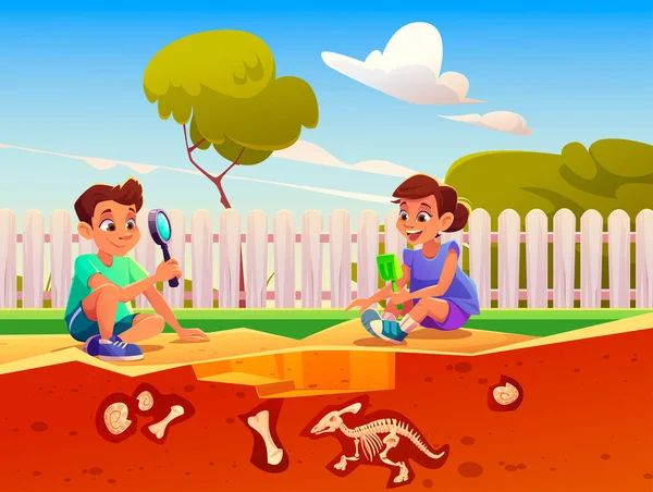 Enfants jouant dans le jeu avec des dinosaures fossiles — Image vectorielle