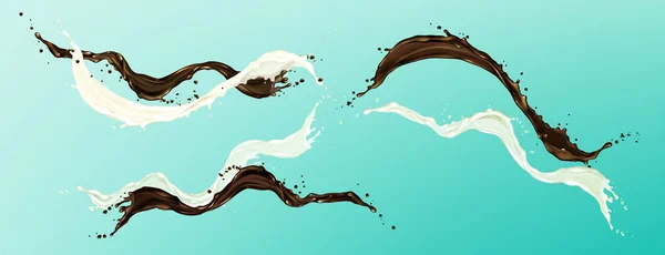 Chocolade en melk spatten vloeibare cacao en room — Stockvector
