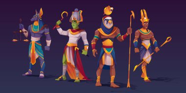 Mısır tanrıları Anubis, Ra, Amon, Osiris karakterleri