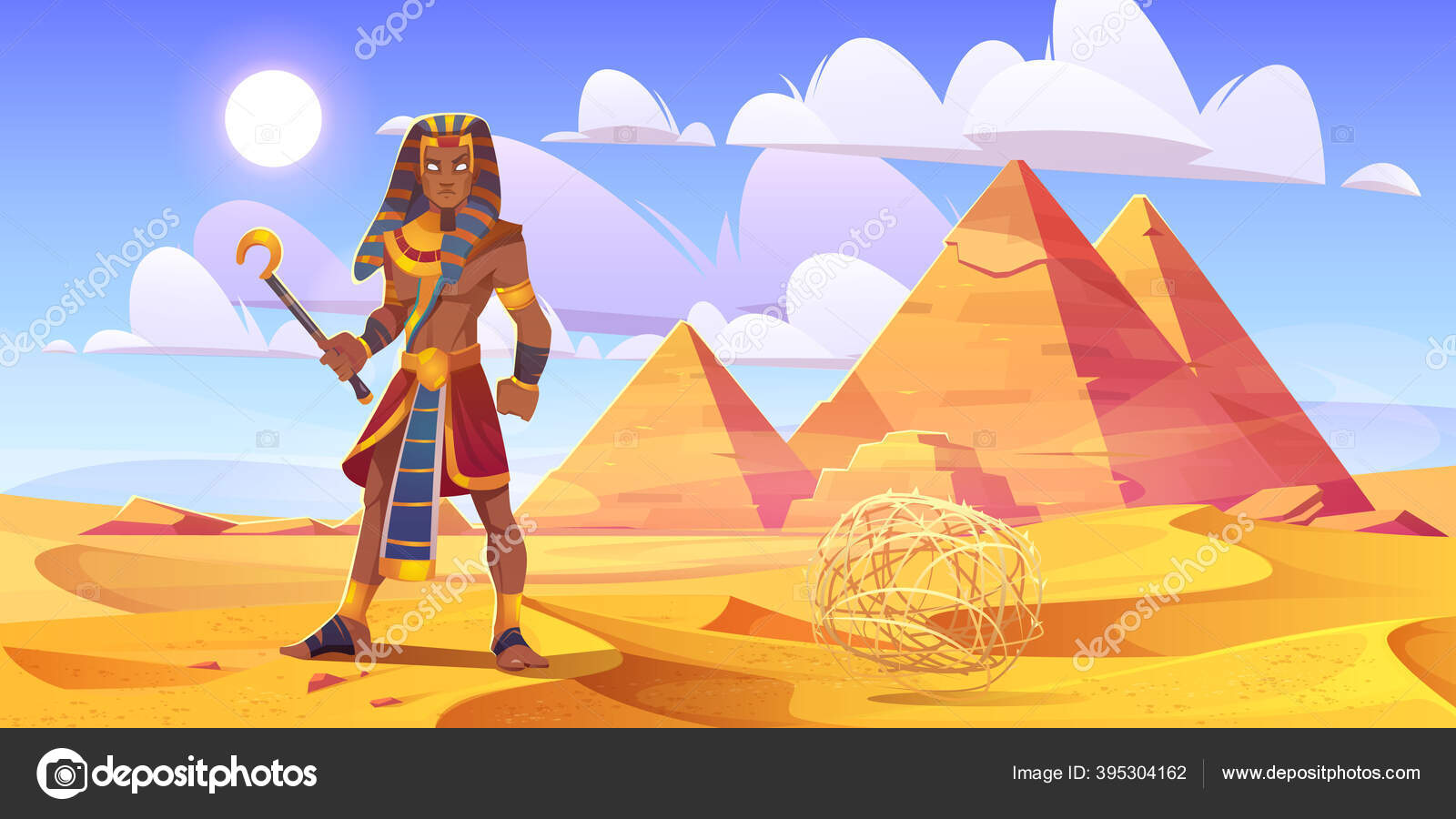 Древний Египетский Фараон В Пустыне С Пирамидами Векторное.