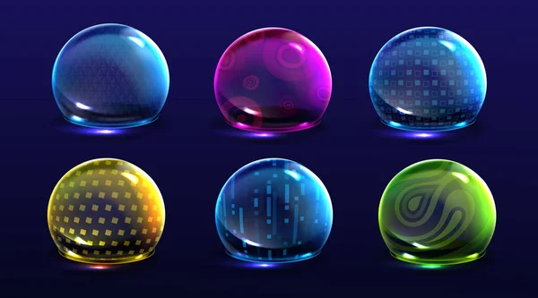 Bolhas de escudo de força, várias esferas de brilho de energia —  Vetores de Stock