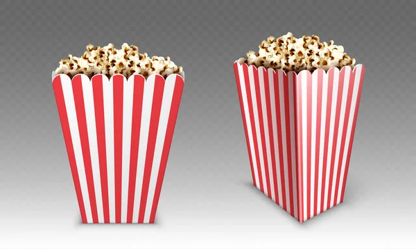 Caja de papel rayado con palomitas de maíz en el cine — Vector de stock