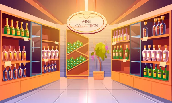 Magasin de vin, cave intérieure avec boissons alcoolisées — Image vectorielle