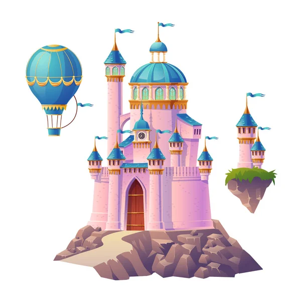 Pembe sihirli kale, prenses sarayı ve hava balonu. — Stok Vektör