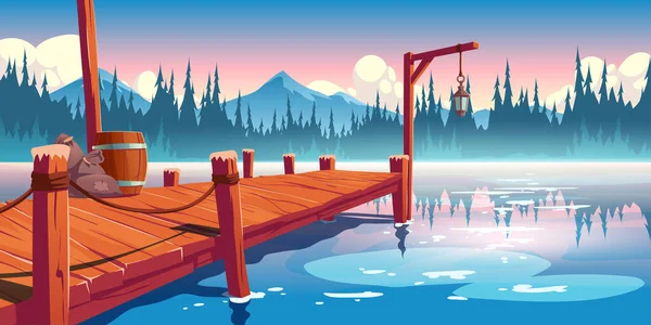 Muelle de madera en el lago, estanque o paisaje fluvial. — Vector de stock