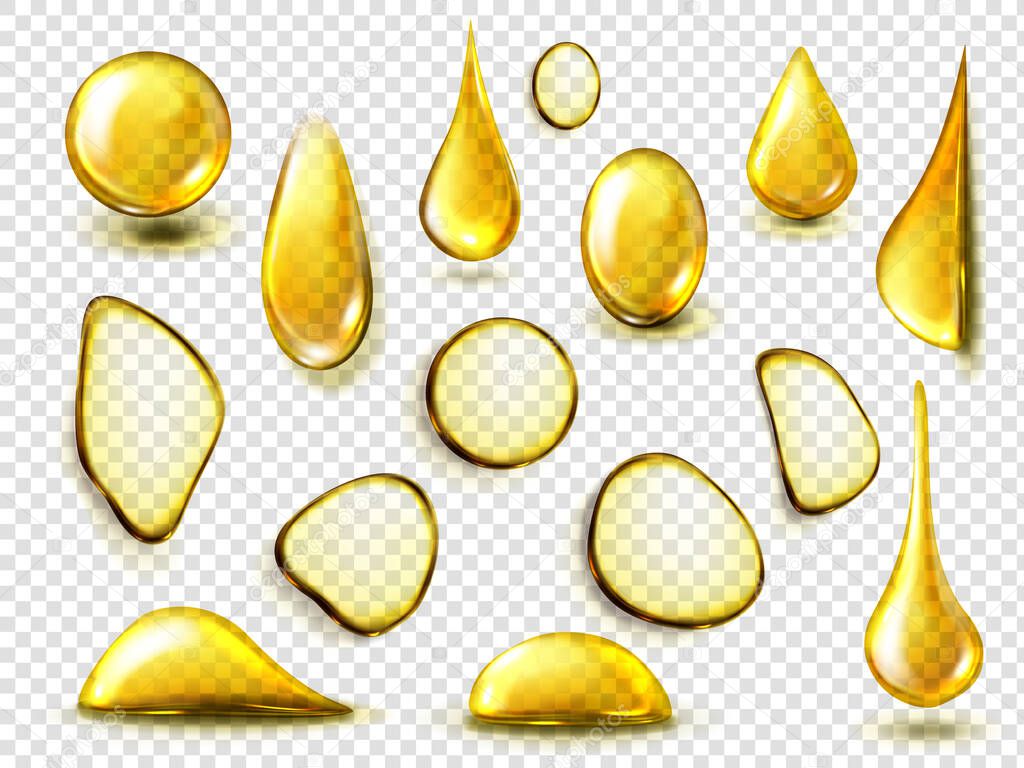 Realistic golden drops and stains of oil or honey