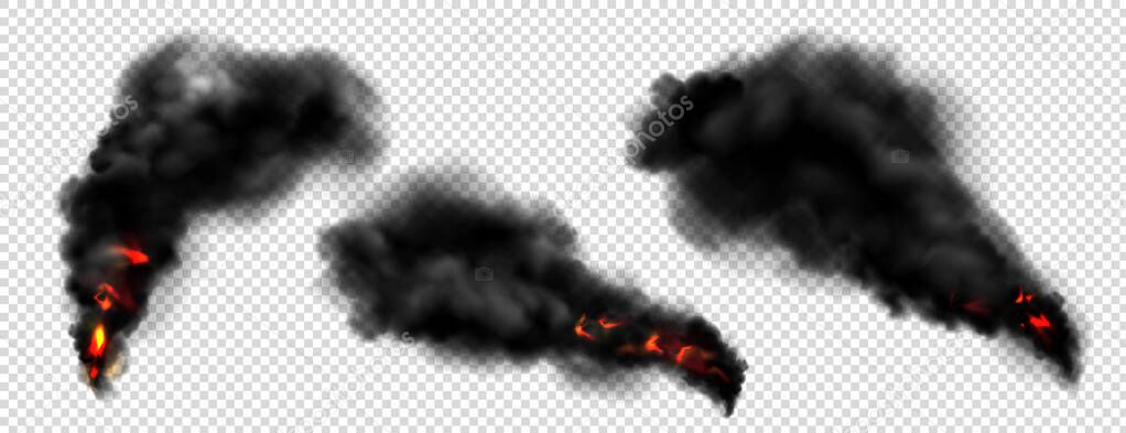 Black smoke with fire, dark fog clouds or steam