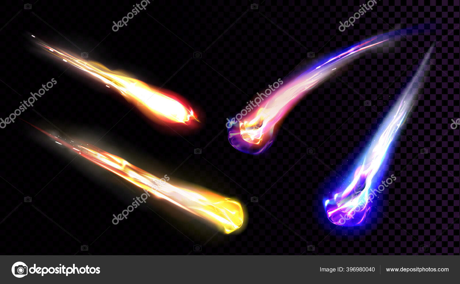 Fallende kometer, asteroider eller meteorer med flamme stockvektor ©  klyaksun #396980040, image size:1600x989