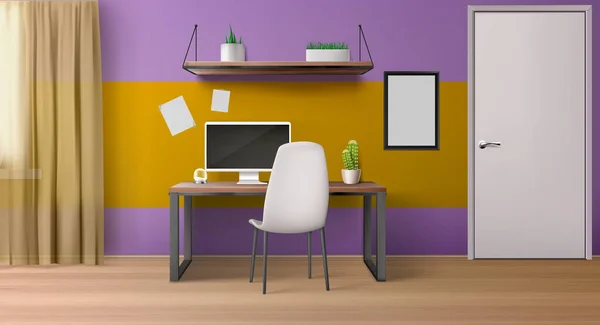 Intérieur de la chambre, lieu de travail avec bureau, siège et PC — Image vectorielle