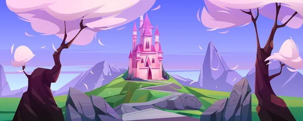 Vector Cartoon magische rosa Burg in den Bergen — Stockvektor