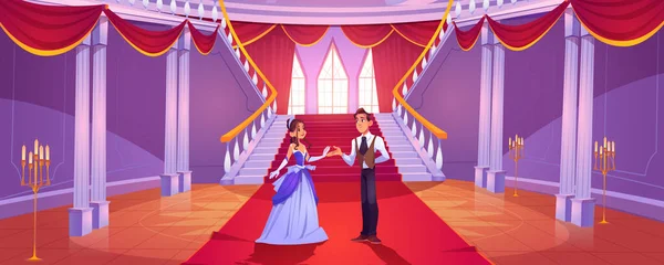 Príncipe y princesa en la sala del castillo real — Vector de stock