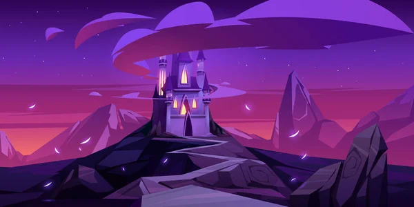 Château magique de dessin animé vectoriel dans les montagnes la nuit — Image vectorielle