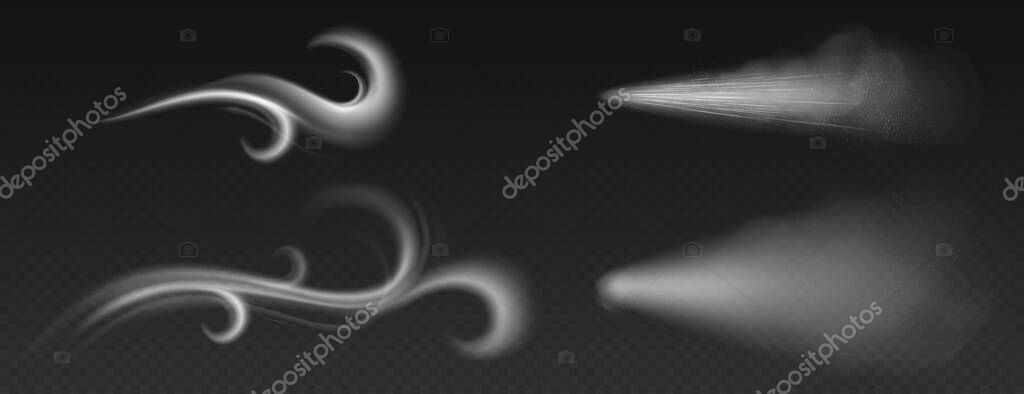 Wind blowing or dust spray, ornate white smoke, powder or water drops trail. Flow mist, smoky stream, steaming chemical or cosmetics product vapour, haze. Realistic 3d vector isolated clip art set