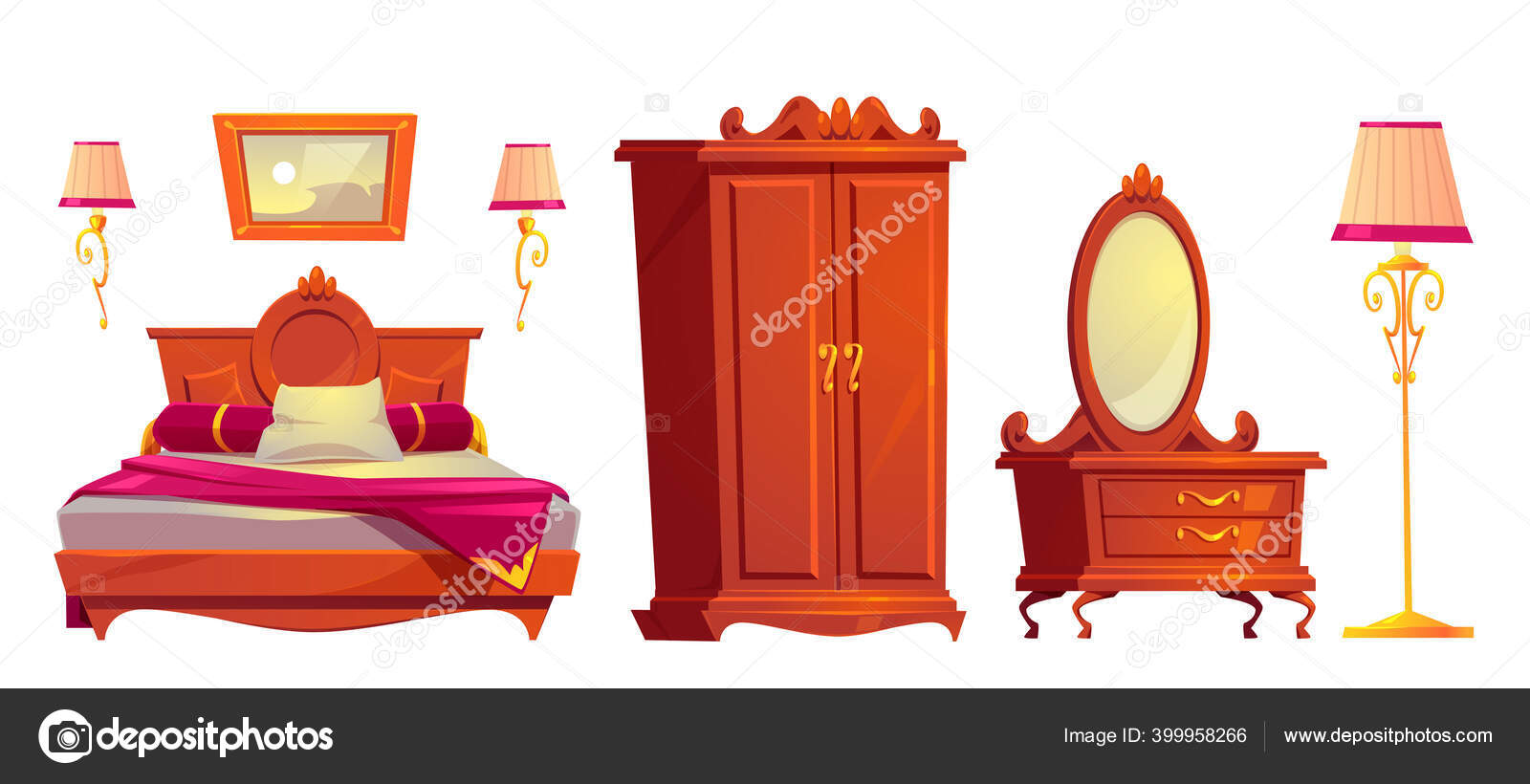 Векторная Деревянная Мебель Для Роскошной Спальни Векторное.