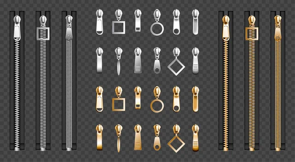 Reißverschlüsse aus Metall, silbernes Reißverschlussset — Stockvektor