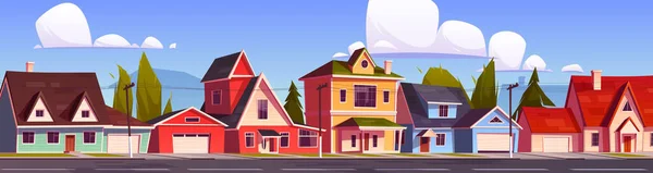 Maisons de banlieue, rue de banlieue avec chalets. — Image vectorielle