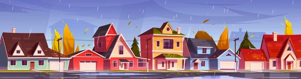 Calle de otoño en el barrio suburbio con casas — Vector de stock