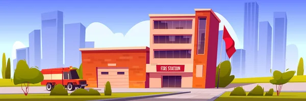 Požární vůz jede do stanice budovy s garáží — Stockový vektor