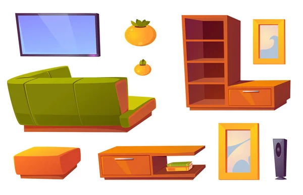 Sofá de esquina, tv y estanterías para sala de estar — Vector de stock