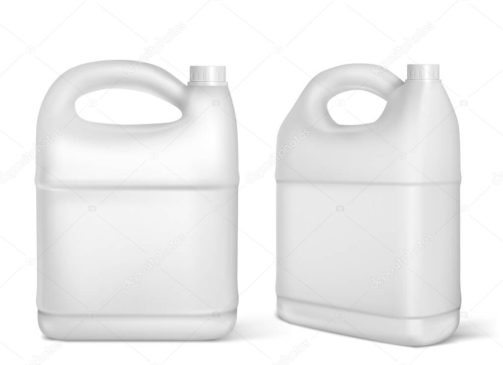 Plastic canisters, white jerrycan isolated bottles