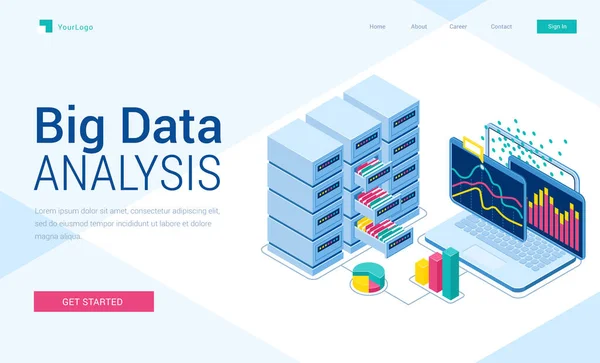 Análise de Big Data landing page isométrica, banner —  Vetores de Stock