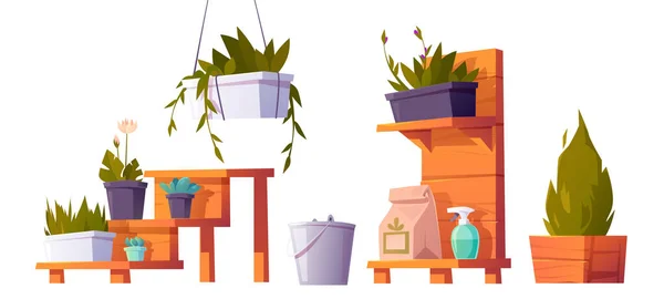 Plantes en pots sur pied en bois pour serre — Image vectorielle