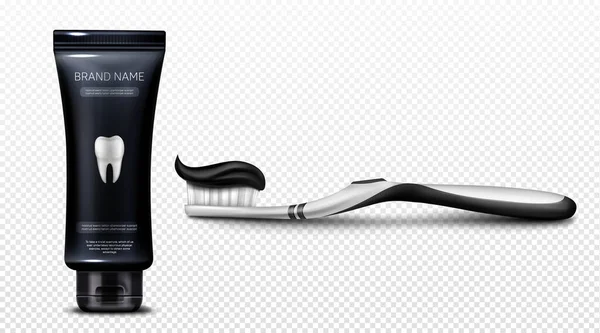 Pasta de dientes negra en tubo de plástico y cepillo — Vector de stock