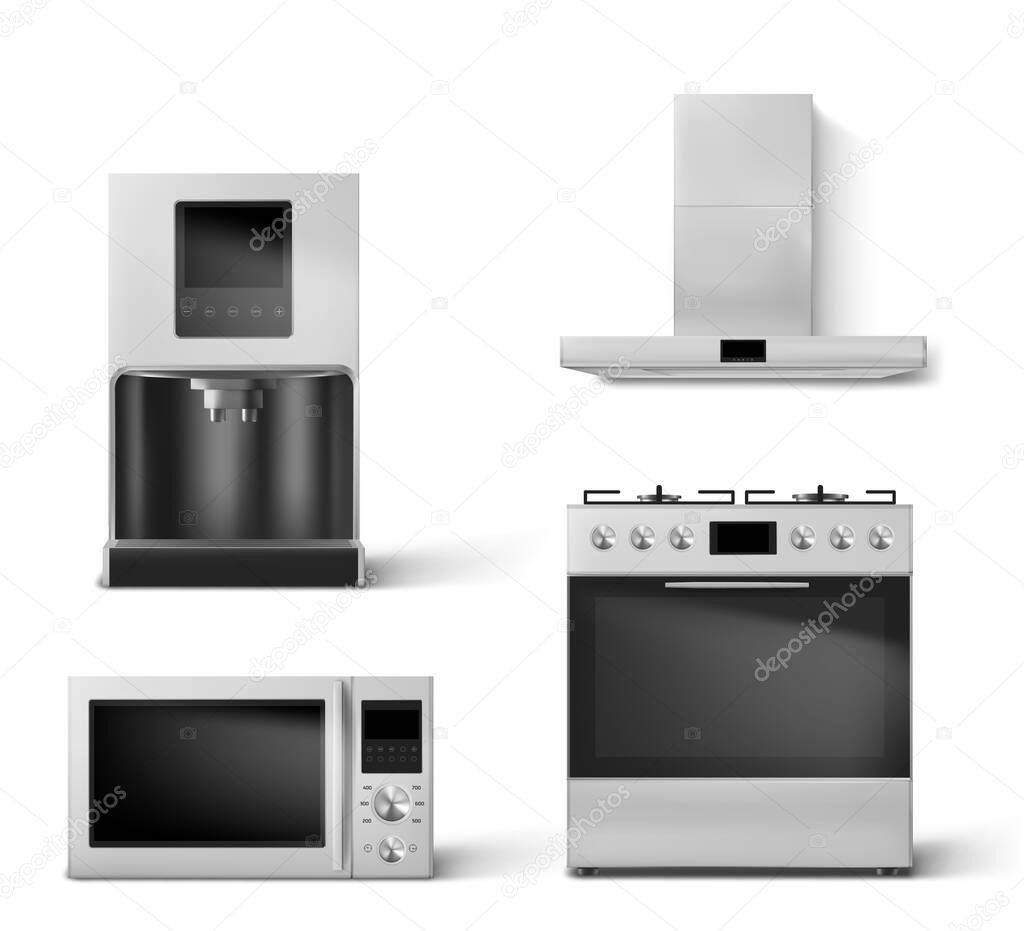 gas oven, hood, microwave and coffee machine set