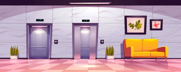 Hal met liftdeuren, lege lobby met bank — Stockvector