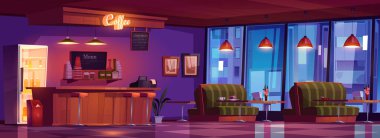 Tezgahı, kanepesi ve masası olan bir kafeterya.