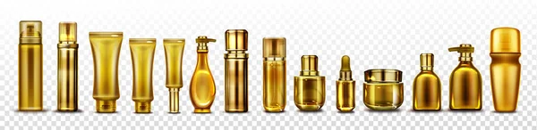 Złota makieta butelek kosmetycznych, zestaw tubek kosmetycznych — Wektor stockowy