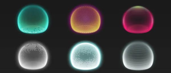 Silové bubliny štítů, různé koule záře energie — Stockový vektor