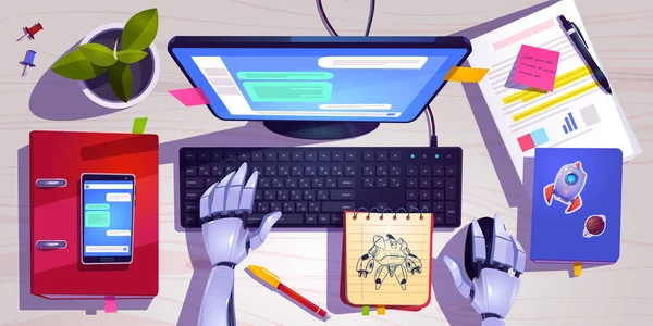 Spazio di lavoro con mani robot sulla tastiera del computer — Vettoriale Stock