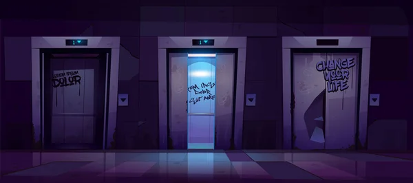 Dirty hallway with broken elevator doors at night — Stock Vector