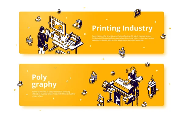 Polygraphy, printing house isometric web banner — Stock Vector