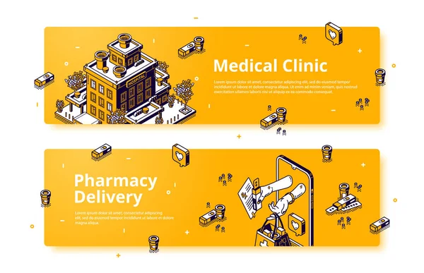 Banners de la clínica médica y la entrega de farmacias — Archivo Imágenes Vectoriales