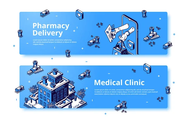 Clínica médica, banner isométrico de entrega de farmacia — Archivo Imágenes Vectoriales