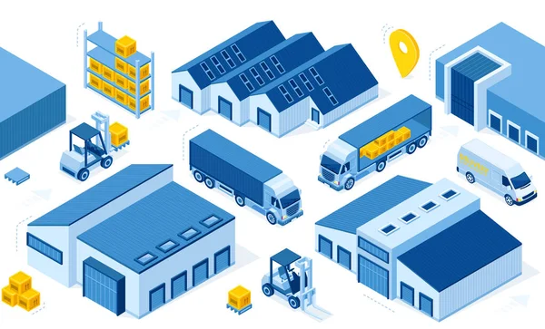 Entrepôt isométrique, camion, chariot élévateur et boîtes — Image vectorielle