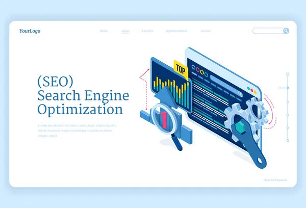 SEO optimering isometrisk landningssida banner — Stock vektor